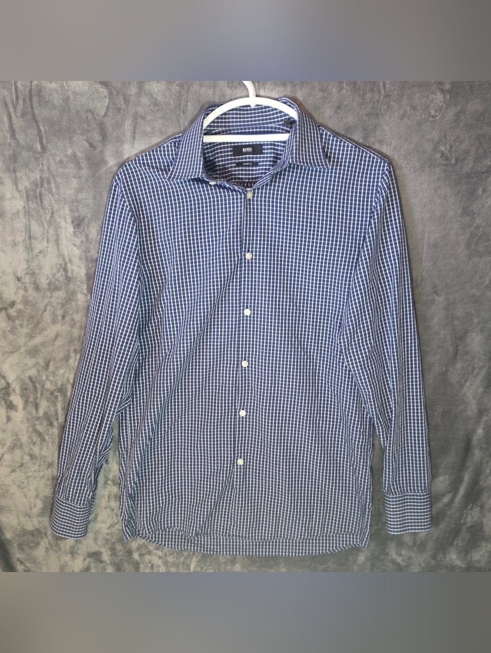 BOSS Blue and White Checked Dress Shirt